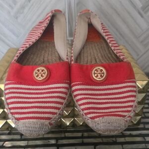 Tory Burch Red and White Striped Espadrille Flats